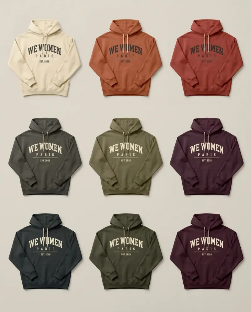 Les neuf coloris du hoodie Campus au print WE WOMEN Paris