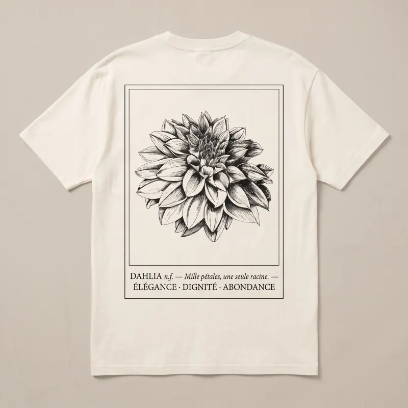 Dos du Definition Tee Dahlia, planche botanique à l'encre